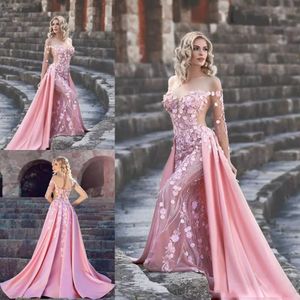 2021 Long Evening Dress Hand Made Flowers Lace Appliques Detachable Train Prom Gowns Illusion Sleeves Evening Party Dresses