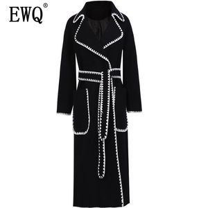 [EWQ] Herbst Winter Neue Stil Revers Langarm Weiß Patchwork Verstellbare Taille Wollmantel Vintage Fashoin Flut AH13411M 201027