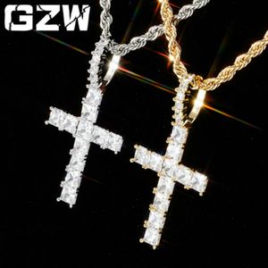 Vintage Rose Gold Blingbling Diamond Iced Out Cross Pendant Chain Necklace Square Cubic Zirconia Cruzar Jewelry Bijoux Gift for Men Women