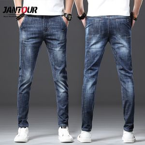 Jantour Fashion Brand Европейский американский стиль растягивающие мужчины джинсы роскошь мужские джинсовые брюки тонкие прямые глубокие голубые мужские 201111