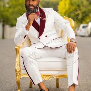Wholesale burgundy grooms suit resale online - Double Breasted Suit Latest Coat Pant Designs White Floral Tuxedo Burgundy Lapel Party Dress Groom Suit Men Suit For Wedding