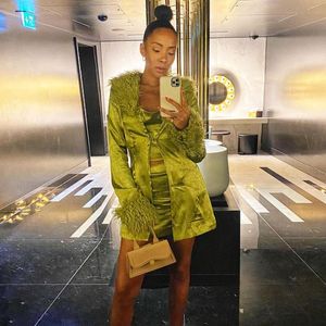 Moda-kadın Trençkotlar 90 S Estetik Tüyler Trim Yeşil Saten Uzun Tops Down Yaka Kol Bir Düğme Giyim AUT
