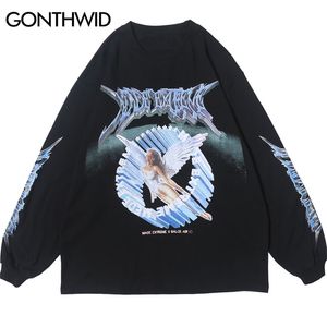 Gonthwid Creative 3D Angelプリント長袖ティーシャツストリートウェアヒップホップヒップスターカジュアル緩いTシャツ男性ファッショントップ220312