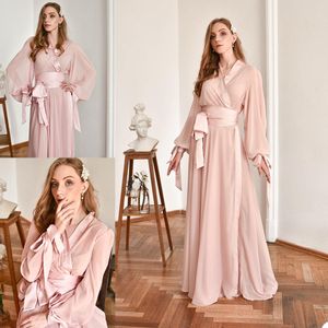 Neues Blush Pink Brautkleid Damen Robe Brautkleider Seidensatin Langarm Nachthemd Nachtwäsche Bademäntel