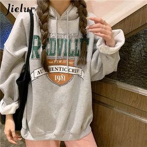 Jielur Korean Fashion Hoodies for Women Hooded Warm Fleece Gray White Sweatshirt Female Winter Loose Leisure Oversize Print Top 220217