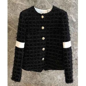 Women's Jackets Cosmicchic 2021 Autumn Winter Women Black Tweed Short Coat O-Neck Long Sleeve Golden Button Tassel Runway Outwear