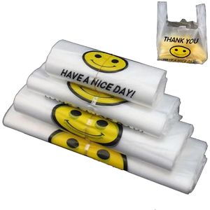 24*40 cm hochwertige Beutel HDPE Supermarkt gelb Schönes Lächeln weiße Weste Plastikträger Einkaufshandbeutel Verpackung