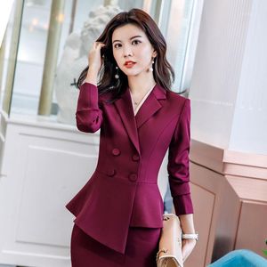 Çalışma Elbiseleri 2021 İlkbahar Sonbahar Katı Etek Suit Kadınlar Kırmızı Zarif Ofis Lady Ceket Rahat Ince Ruffled Kruvaze Blazer1