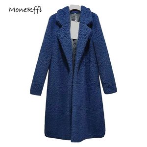 MonerFfi inverno engrossar mulheres casaco longo casaco de pele jaquetas de pele lapela teddy cardigan slim mais tamanho cordeiro lã outwear T190827