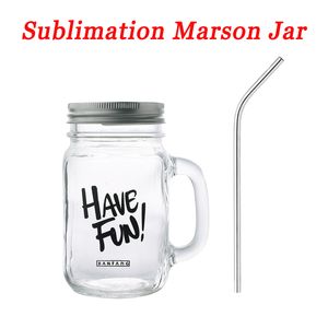 New 500ml Sublimation Creative Mason Glass Can shape Bottle with Lid and Straw Summer Drinkware DIY Mason Jar Juice Cup