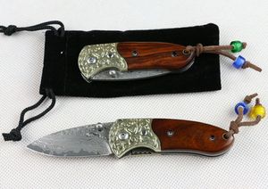 Högkvalitativ Damaskus Pocket Folding Kniv VG10 Damaskus Stålblad Röd Ebony + Brasshandtag Presentknivar med nylonväska