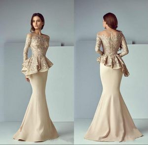 Designer Champagne Lace Mermaid Prom Dresses Appliqued Back Zipper 2021 Full Sleeves Elegant Arabic Long Formal Wear Evening Gowns Peplum