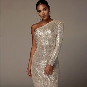 One Shoulder Shiny Sexy Cocktail Dresses Long Sleeve Sequined Women Party Wear Special Occasion Gowns Cheap225k