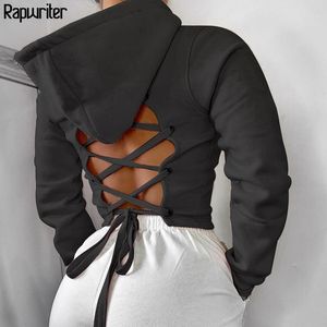 Çapraz Bandaj Kravat Yukarı Backless Siyah Pembe Hoodie Kazak Kadın Sonbahar Uzun Kollu Harajuku Hoodies Kazak Kırpma 201103 Tops