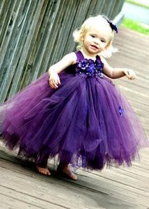 Ball Gown Flower Girls' Dresses With Hand Made Flowers Beaded Ball Gown Tulle Purple Formal Beach Wedding Puffy Dress Flowergirl