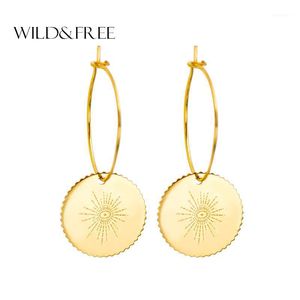 Hoop Huggie Wildfree Women Statement Round Pendant Earrings Gold Circle Sun Petttern Bohemian Rostfritt Steel Jewelry Wedding Gift1