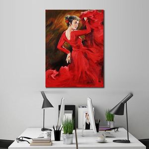 Handmade Portrait Oil Paintings Flamenco Dancers in Red Modern Woman Dancing Artwork for Kitchen Office Living Room Wall Hall Art