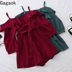 Gagaok 2020 Women Streetwear Jumpsuit Summer New Solid Sashes Slash Neck Ruffles Loose Casual Harajuku Female Fashion Jumosuits T200704