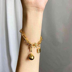 Bracelets 04 Personality Exaggeration Thick Chain Hanging Ball Lock Bamboo Knot Neutral Style Punk Cool Fashion Hip Hop Couple Bracelet