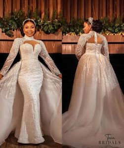 Plus Size Mermaid Bröllopsklänningar med avtagbart tåg 2022 Långärmad Luxury Pearls Lace Beaded African Aso Ebi Bridal Gown