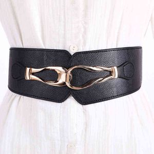 Korean Version of Metal Decorative Buckle Waist Closure Casual Ladies Fashion Elastic Dress Wide Belts for Women Luxury G220301