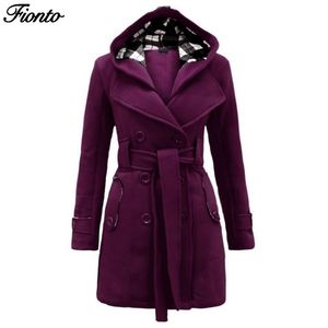 Fionto 겨울 여성 outwear 따뜻한 슬림 재킷 두꺼운 파카 오버 코트 벨트 후드 두 배 파괴 긴 트렌치 코트 여성을위한 LJ201106