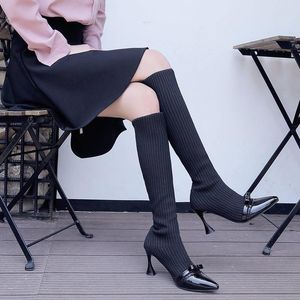 Hot Sale-Boots Women's 2020 Autumn Winter Knee High Boots for Woman Shoes Knitting Wool Long Boot Women Pointed Toe Black Ladies Shoes