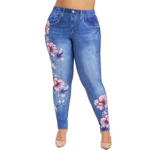 6XL Plus Size Mulheres Floral Impressão Longa Pant Imitação Denim Calças Senhoras Zipper Calças Calça Fêmea Spodnie Damskie Streetwear D30 201031