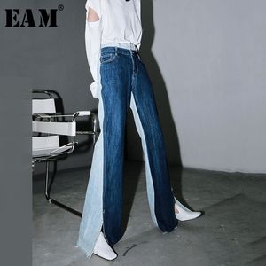 [eam] الأزرق بلون مغاير اللون سبليت المشتركة طويلة واسعة الساق الجينز جديد عالية الخصر فضفاض النساء السراويل الأزياء ربيع الخريف 1T276 201105