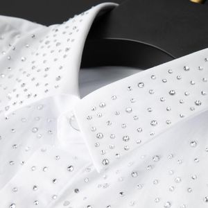 Strass Camisa Masculina Manga Comprida Streetwear Slim Vestido Branco Camisas Roupas Masculinas Social Chemise Homme