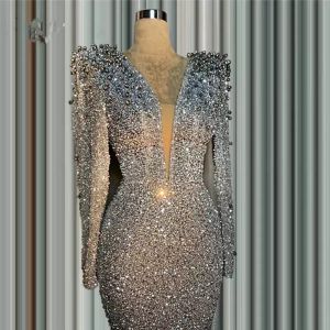 Glitter Silver Mermaid Formal Evening Dresses For Arabic Women Sexy Deep V Neck Long Sleeves Beaded Crystals Prom Occasion Gowns Vestidos De Novia CG001