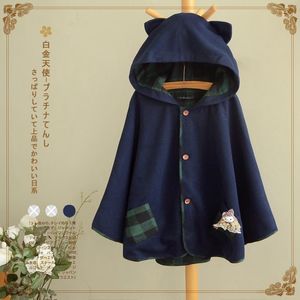 Women Jacket Japanese Style Mori Girl Loose Long Sleeve Cute Cat Ear Hooded Woolen Cloak Outerwear Casual Coat Winter New1