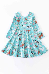 Girlymax Baby Girls Kids Clothing Milk Silk Floral Cow Print Twirl Dress Knee Length Long Sleeve