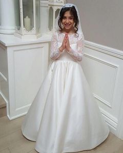 2021 İlk Communion Elbiseler Jewel Dantel Uzun Kollu V Backless Küçük Çocuklar Gelinlik Saten Bir Hattı Parti Abiye