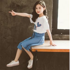 Humor Bär Große Mädchen Kleidung NEUE Kinder Mädchen Anzug Koreanische Liebe Brief T-shirt + Knopf Langen Rock 2 Stücke Mädchen Kleidung Sets 4-13Y
