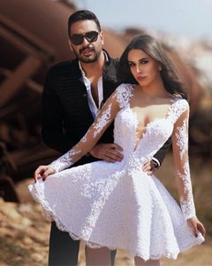 Moda Uzun Kollu Dantel Beyaz Kısa Gelinlik 2021 Sheer Boyun Gelin Elbiseleri vestido corto de novia Artı Boyutu Gelinlikler