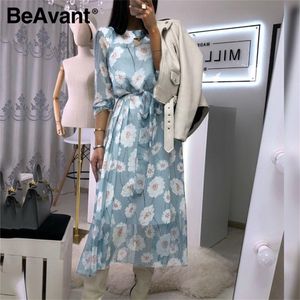 BeAvant Casual Flare Ärmel Kleid Frauen Büro Damen hohe Taille Gürtel langes Kleid elegante Blumen bedruckte blaue Sommerkleider 2020 LJ200820