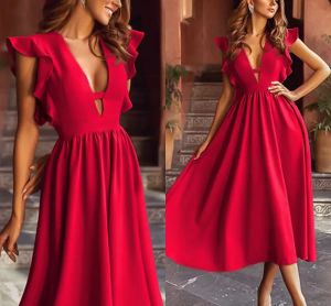 Prom Dresses Red 2022 Simple Tea Length V Neck Sleeveless Custom gjorde en linje Satin Plus Size Evening Celebrity Party Vestidos Estidos