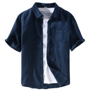 100 linne kortärmad tröja för män sommar bröstfickoppar manlig solid färglösning