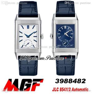 MGF Reverso Tribute Duoface 3988482 JLC 854A/2 Orologio da uomo automatico Cassa in acciaio Quadrante con texture bianco argento Cinturino in pelle nera 2022 Super Edition Puretime E5