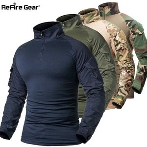 ReFire Gear Army Combat T shirt Men Long Sleeve actical -Shirt Solid Cotton Military Shirt Man Navy Blue Hunt Airsoft Shirts 220114
