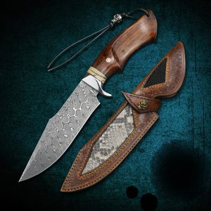 Damascus Steel Fixed Blade and Desert Iron Wood Handle Outdoor Camping Survival Trekking Tactical Straight Knife Edc Utility Tool