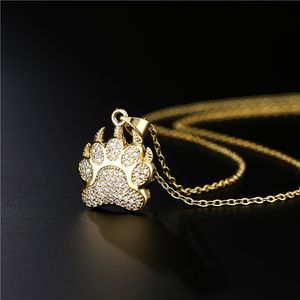 Collana con pendente a forma di zampa di cane con zirconi cubici in stile hip-hop placcato in oro, gioielli per amanti della donna