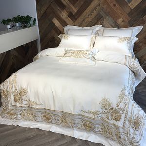 Premium Chic Haft na biały Czerwony kołdry 100% Egiptian bawełna 600 TC Luksusowy Pościel Zestaw Bed Arkusz Zestaw Królowa Królowa Rozmiar T200706