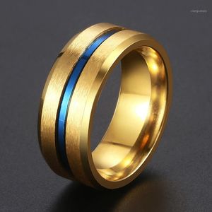 Zespół Rings Wedding for Men Gold Blue Groove Mężczyzna Pierścień Ze Stali Nierdzewnej Matte Moda Męskie Prezenty Biżuterii Drop 8mm DKRM46