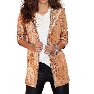 Chic Sequined Women Blazer Gold Silver Jackor Vinter Höst Cardigan Kvinna Retro Ol Suits Coat Feminino Blazers OuterWear 201201