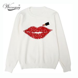 Harajuku Frauen Pullover Herbst Winter Marke Designer Hand Made Diamanten Rote Lippen Pailletten Tops Weibliche Lippenstift Stricken C-021 201031