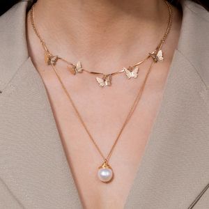 Bohemian Cute Butterfly Choker Necklace For Women Gold Color Multilayer Necklace 2021 Fashion Female Peal Chic Chocker Jewelry