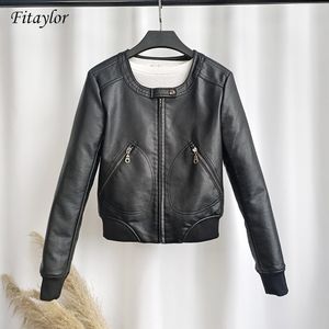 Fitaylor Faux Leather Jacket Mujeres O-cuello Casual Biker Chaquetas Mujer Motocicleta Abrigo Tallas grandes 4XL Soft PU Basic Black Outwear 201030