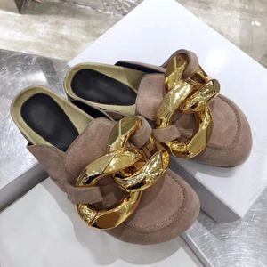 Female Gold Chain Decor Round toe Flat Mules Lazy Loafers Shoes Outdoor Genuine Leather Casual Slippers Women Shoe